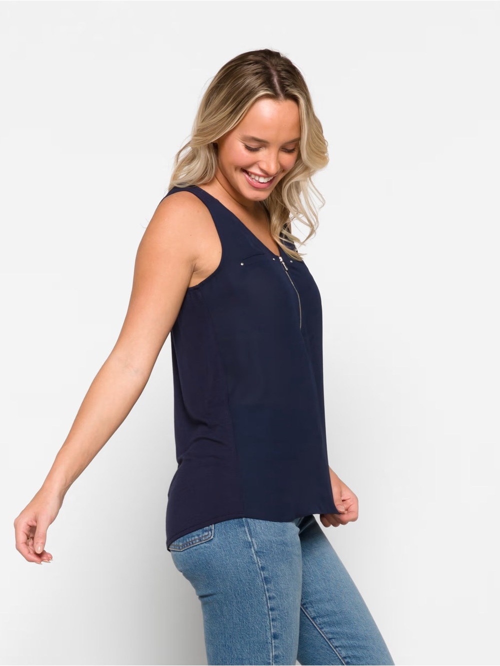 Sleeveless Blouse Navy Zip-Front Tank Top Mixed Material - Picture 4 of 7